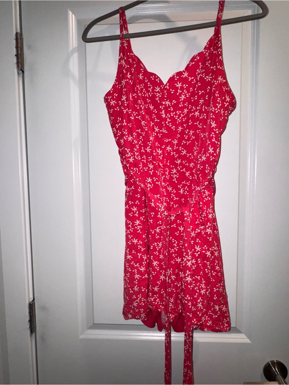 Red Floral Scallop Neck Romper